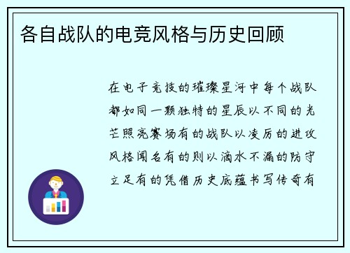 各自战队的电竞风格与历史回顾